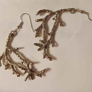 Coral Branch Earrings for Pierced Ears Dangle Style Silver Toned Metal